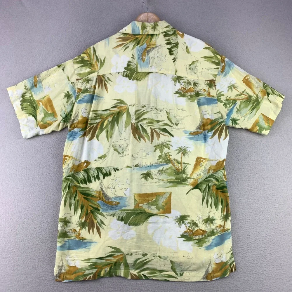 Caribbean Blues Aloha Shirt Mens Medium Yellow Tropical Map Rayon‎ Camp Hawaiian